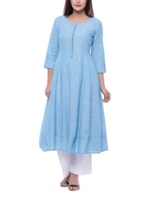 Sky Blue Plain Cotton Long Kurtis