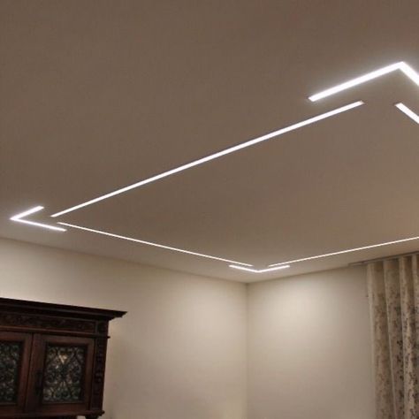 Profile Light Wall Design, Profile Led Light In Ceiling, Led Profile Lighting Design, Led Profile Lighting Design Ceiling, Profile Light Design, Profile Lights, Profile Light, Luxury Ceiling Design, Bedroom Pop Design