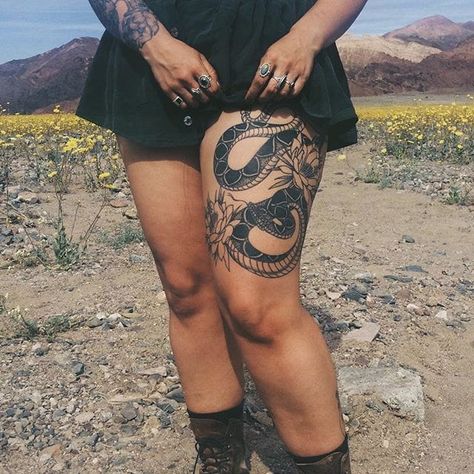 Rattlesnake Tattoo, Flower Leg Tattoos, Upper Leg Tattoos, Sleeve Filler, River Tattoo, Tattoo Sleeve Filler, Rattle Snake, Snake Tattoo Design, Tattoos For Women Flowers