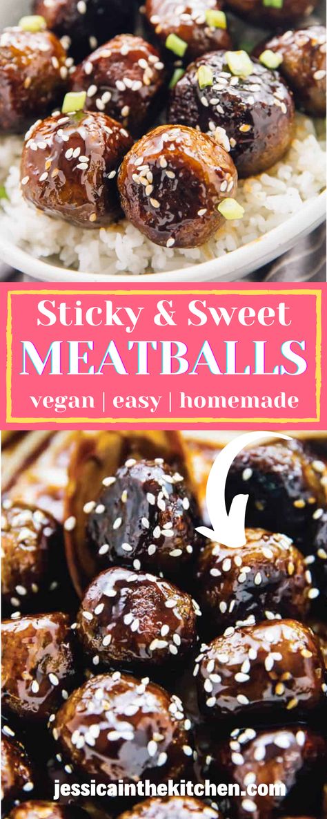 I don't think it's possible to ever have too many meatball recipes. They are an easy and delicious dinner idea for any occasion. Make these sticky & sweet meatballs for dinner tonight! Vegan Thai Meatballs, Vegan Meatballs Appetizer, Chickpea Meatballs Vegan, Sticky Meatballs, Meatballs For Dinner, Vegan Meatballs Recipe, Sweet Meatballs, Vegan Teriyaki, Vegan Potluck