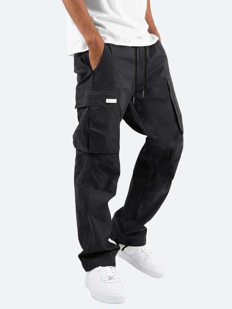 Black Street Collar Fabric Plain Cargo Pants Embellished Non-Stretch Men Bottoms Mens Work Pants, Mens Workwear, Work Trousers, Men Pants, Mens Cargo, Baggy Pants, Mens Pants Fashion, Straight Trousers, Pantalon Cargo