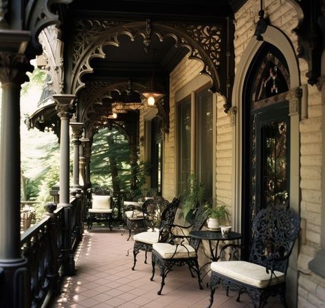 Victorian Southern Gothic, Victorian Front Porch Ideas, Gothic Front Porch, Gothic House Aesthetic, Gothic Balcony, Gothic Victorian House Plans, Victorian House Aesthetic, Black Victorian House, Victorian Porch Ideas