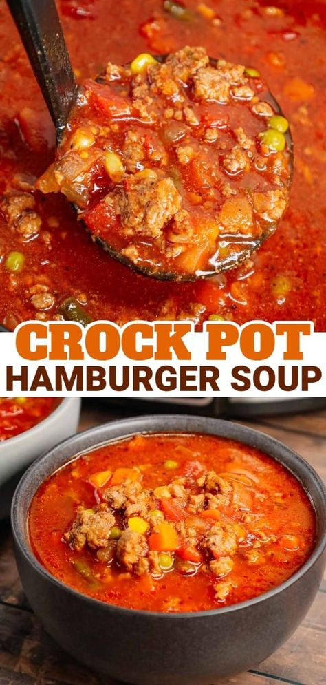 Crock Pot Hamburger Soup is hearty slow cooker dish loaded with ground beef, frozen mixed vegetables, diced tomatoes, tomato sauce and beef broth. Quick And Easy Vegetable Beef Soup, Soup With Ground Beef Easy, Ground Beef Soup Crockpot, Soup Made With Hamburger, Crockpot Beef Soup, Crockpot Hamburger Soup, Crock Pot Hamburger Soup, Soups With Ground Beef, Beef Soup Crockpot