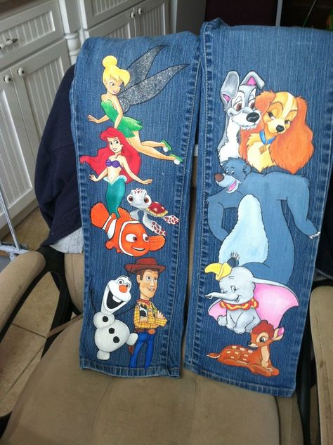 Custom Adult Disney Hand Painted 10 characters your choice on | Etsy Naruto Jeans Painting, Painted Jeans Disney, Disney Pants Jeans, Disney Painted Jean Jacket, Custom Disney Jean Jacket, Custom Jeans Diy, Painted Clothes Diy, Diy Shorts, Painted Jacket