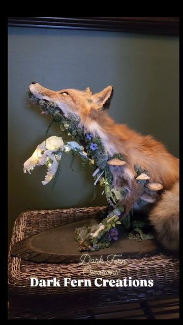 Animal Skull Sculpture, Fox Skull Reference, Cottagecore Taxidermy, Cool Taxidermy, Animal Skull Reference, Snake Taxidermy, Mossy Skull, Moss Skull, Moss Sculpture