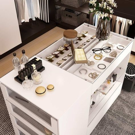 White Dresser Island Modern Bedroom Storage w/Tempered Glass Detailing - On Sale - Bed Bath & Beyond - 39673086 Dressing Island, Dresser Island, Island Dresser, Modern Bedroom Storage, Closet Island, Storage Dresser, Modern Chest Of Drawers, Closet Decor, Wooden Dresser