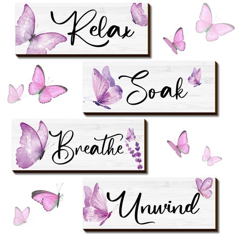 PRICES MAY VARY. Value Set: you will receive 4 pieces of purple butterfly bathroom decor in elegant style, printed with various warm texts and delicate butterfly patterns, sufficient to be home bathroom decorations, helping you enjoy leisure shower time Creative Designs: the butterfly wall art is mainly colored in white, black and purple, elaborately designed with light purple flying butterflies, and texts of [Relax], [Soak], [Unwind] and [Breathe], making them more adorable and eye catching Tru Purple Butterfly Room, Butterfly Bathroom Decor, Rustic Bathroom Accessories, Purple Bathroom Accessories, Wall Decor Elegant, Butterfly Bathroom, Purple Bedroom Decor, Purple Wall Decor, Bathroom Details