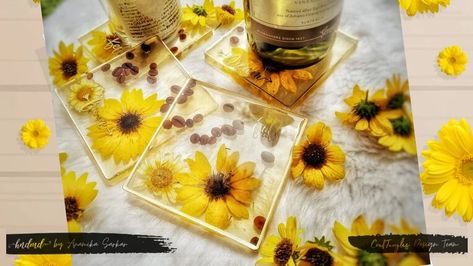 Diy Sunflower Coasters, Sunflowers In Resin, Resin Coasters Diy Dried Flowers, Resin Coasters With Flowers, Sunflower Resin Coaster, Stencilling Techniques, Watercolor Journal, Enjoy Today, Resin Flowers