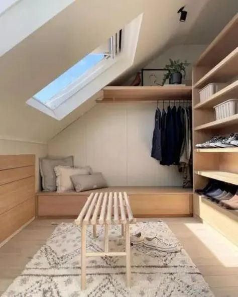 a tiny attic closet with open shoe shelves and a railing plus a storage daybed and a bench is a lovely space Attic Closet Ideas, Small Loft Spaces, Loft Conversion Bedroom, Attic Closet, Loft Storage, Loft Space, Small Loft, Daybed With Storage, Loft Room