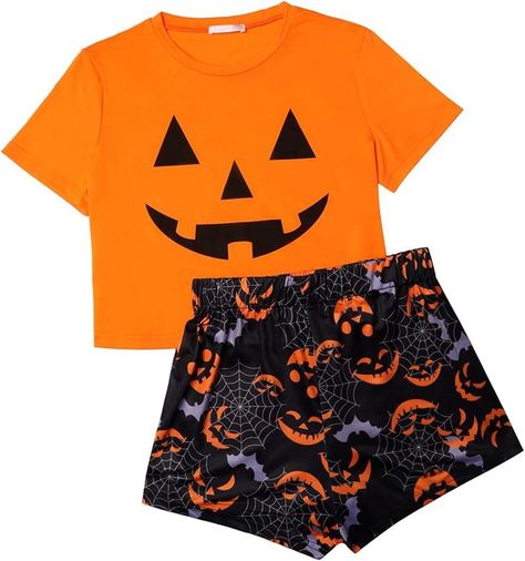 Made of 100% soft, lightweight polyester for comfort #AD Valentines Day Pajamas, Womens Halloween Pajamas, Cute Pajamas For Women, Shorts Pjs, Cute Pumpkin Faces, Halloween Pjs, Pajamas Short, Tops And Shorts, Halloween Pajamas