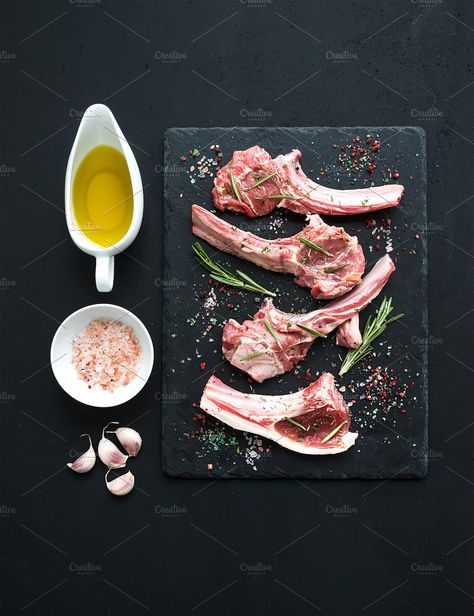 Ad: Raw lamb chops by Foxys on @creativemarket. Raw lamb chops. Rack of Lamb with garlic, rosemary and spices on black slate tray, oil in a saucer, salt, dinnerware over dark rustic wood #creativemarket Lamb Chop Photography, Lamb Photography, Rustic Food Photography, Lamb Chop, Rustic Recipes, Rack Of Lamb, Plastic Tray, Lamb Chops, Fresh Apples