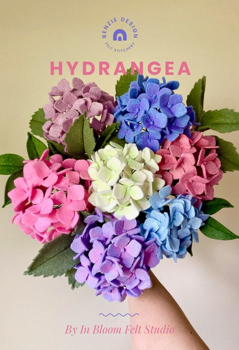 Hydrangea Tutorial – Benzie Design Felt Hydrangea, Bouquet Of Hydrangeas, Felt Flowers Patterns, Girls Night Crafts, Felt Bouquet, Felt Flower Tutorial, Fabric Flower Bouquet, Felt Flower Bouquet, Felt Flowers Diy