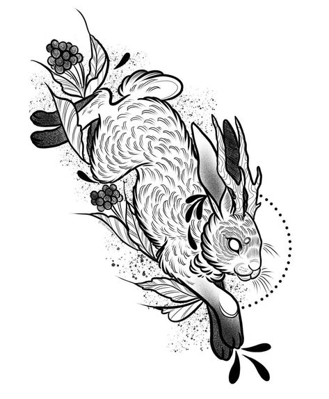 Nox tattoos on Instagram: “FLASH! Jumping jackalope up for grabs ready to be tattooed after we reopen the shop 🖤 . . . #tattooidea #flash #flashtattoo #customtattoo…” American Traditional Otter Tattoo, Lion Head Bunny Drawing, Rabbit With Horns Tattoo, Japanese Style Rabbit Tattoo, Rabbit Face Tattoo, Gothic Rabbit Tattoo, Irish Hare Tattoo, Leaping Rabbit Tattoo, Two Headed Rabbit Tattoo