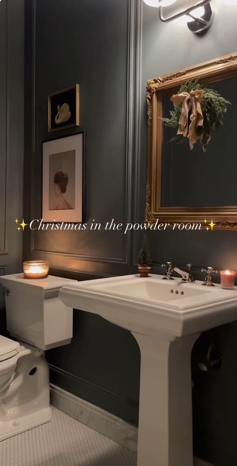 @thefreshhome on instagram, paint color knoxville gray by BM 50% Dark Panelled Bathroom, Painted Half Bath, Dark Powder Bathroom Ideas, Dark Paint Bathroom Ideas, Dark Painted Powder Room, Dark Paint Small Bathroom, Moody Bathroom With Wallpaper, Dark Powder Bath, Small Bathroom Paint Ideas No Window