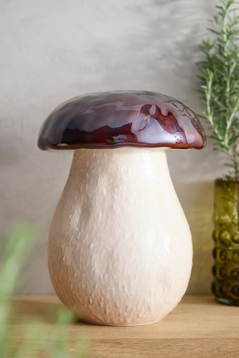 Crafted in Portugal, this mushroom-shaped jar pairs a touch of woodland whimsy with practical kitchen storage. Topped with a removable "cap" lid, each jar is cast in traditional molds and hand-glazed by skilled craftspeople. Lidded Jars Pottery, Woodland Whimsy, Pottery Jars, Ceramic Birdhouse, Clay Jar, Earthenware Ceramics, Practical Kitchen, Ceramic Cookie Jar, Glaze Ceramics