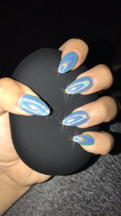 Iredesant Blue Nails, Blue Holographic Nails Acrylic, Pink And Blue Holographic Nails, Irredescent Nails Blue, Light Blue Opal Nails, Blue Reflective Nails, Dark Blue Holographic Nails, Matalic Nails Acrylic Blue, Light Blue Prom Nails Almond