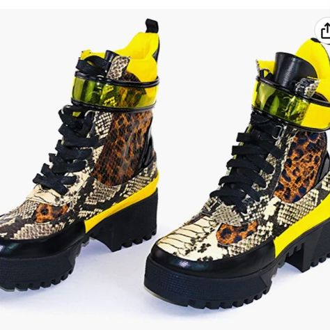 Snakeskin Leopard Print Neon Accents military combat boot with heel. Unique. Stylish. New Fashion. Combat Boots For Women, Platform Boots Chunky, Crystal Heels, Black Combat Boots, Chunky Block Heels, Block Heel Boots, Snow Boots Women, Women Boots, Sole Shoes