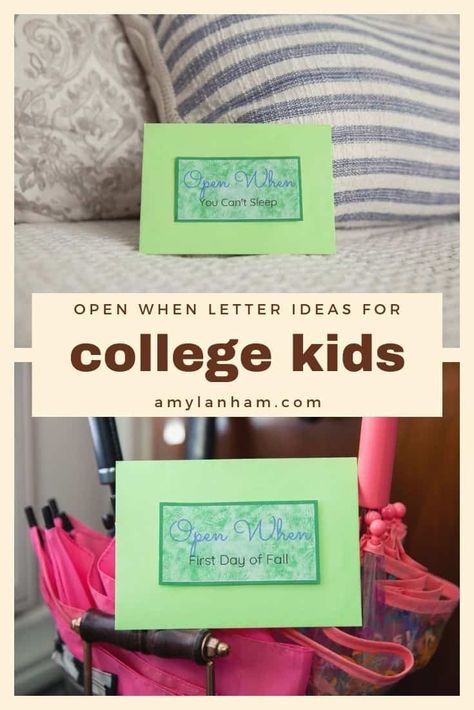 The most common question I get is about open when letters for a significant other, but the second most common is open when letter ideas for college kids. Inside Open When Letters, Open When Letter Ideas, Open When Letters Topics, College Daughter, Open When Cards, Open When Envelopes, College Test, College Letters, When You Cant Sleep