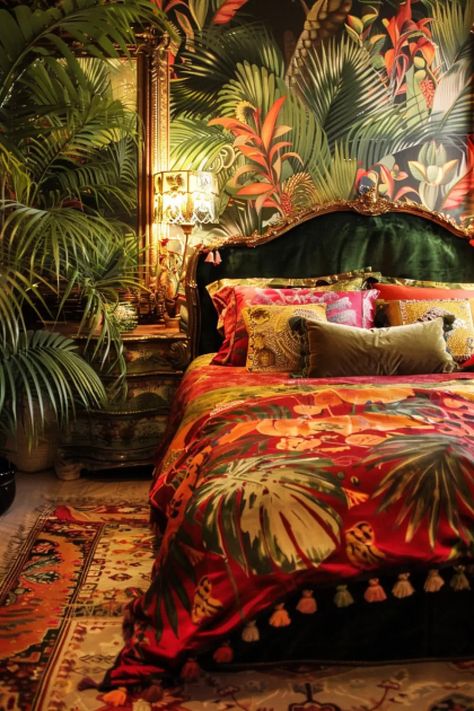 25 Red Boho Style Bedroom Ideas to Consider - Eclectic Boho Bedroom, Bedroom Cottagecore, Red Bedspread, Red Bedroom Design, Tropical Bedrooms, Boho Style Bedroom, Deco Bedroom, Bohemian Bedroom Decor, Bedroom Red