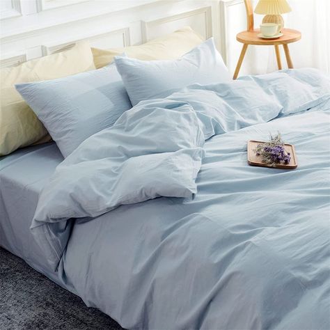 100% washed cotton [100% washed cotton, breathable, keep shape and soft after each wash]: This Duvet cover is made of 100% washed cotton. Blue Comforter, Blue Duvet, Blue Duvet Cover, Cotton Duvet Cover, Cotton Duvet, Bed Duvet Covers, Cozy Bedroom, My New Room, Duvet Cover Set