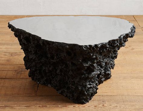 This luxurious chunk of craggy volcanic rock with a contrasting smooth mirrored top is not only cool to look at, but safe and cool to the touch as well. Lava Stone Coffee Table, Stone Side Table, Onyx Table, Stone Furniture, Cement Design, Stone Coffee Table, Korean Restaurant, Stone Table, Unique Coffee Table