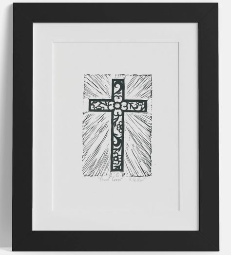 Floral Cross Linocut Handmade Print. Available now on Etsy! Linocut Art, Floral Cross, Jesus On The Cross, Lino Print, Linocut Prints, Christian Art, Linocut, Printmaking, Block Print