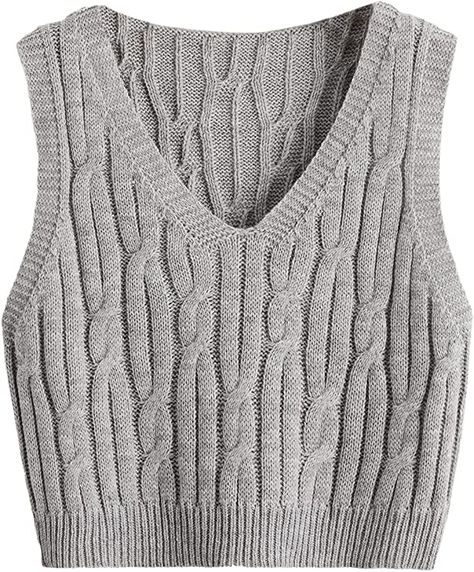 Romwe Women's Cable Knit Crop Sweater Vest Preppy Style Sleeveless V Neck Knitwear Tank Tops Grey S at Amazon Women’s Clothing store Preppy Tank Tops, Crop Sweater Vest, Sweater Vest Women, White Button Down Shirt, Crop Sweater, White Shirt Dress, Knit Crop, Cute Sweaters, Amazon Women