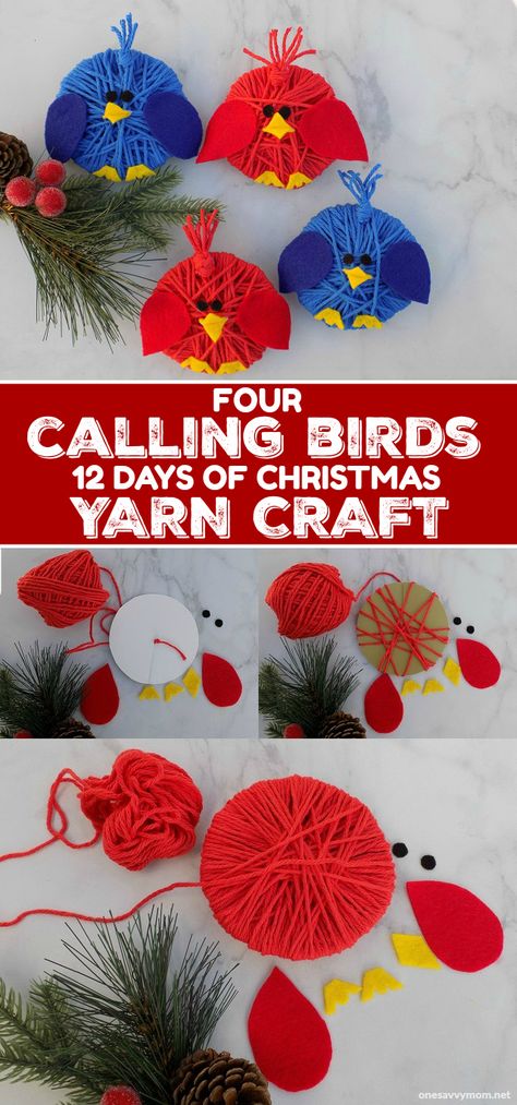 #AD 4 Calling Birds Yarn Craft For Kids! These 4 Calling Birds wrapped yarn bird Christmas tree ornaments, are super simple to make with toddlers and young children this holiday season.  It’s the perfect “12 Days of Christmas” song kids craft to do this holiday season! #DIY #ChristmasPriceIndex @PNC Yarn Ornaments For Kids, 4 Calling Birds Gift Ideas, Winter Bird Craft, Winter Bird Crafts For Kids, 12 Days Of Christmas Crafts For Kids, 12 Days Of Christmas Ornaments Diy, Kids Crafts Birds, 12 Days Of Christmas Crafts, Bird Crafts For Kids