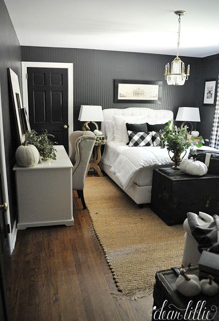 Some More Simple Fall Touches - Our Entryway, Guest Bedroom, Bathrooms and a Little Bit of Our Master - Dear Lillie Studio Grey Walls White Trim, White Guest Bedroom, Dear Lillie, Dark Grey Walls, Blogger Home, Seeded Eucalyptus, Black And White Decor, Trendy Bedroom, Spare Bedroom