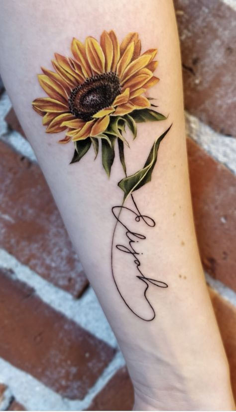 ￼ ￼ Sunflower Tattoo For Lost Loved One, Sunflower Chest Tattoo Female, Sunflower Name Tattoo, Sunflower Tattoo With Name, Delilah Tattoo, Married Tattoos, Sunflower Tattoo On Wrist, Bluebonnet Tattoo, Let It Be Tattoo