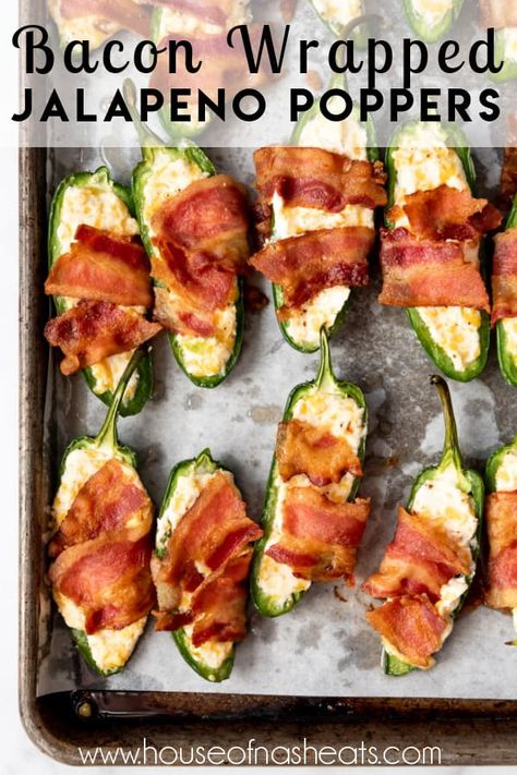 Make these Bacon-Wrapped Jalapeno Poppers as an appetizer for your next party night or game day! Every bite is loaded with creamy, spicy, cheesy, smoky flavor that is totally irresistible! #bacon #jalapenopoppers #appetizer #gameday #party #easy #creamcheese #jalapenos #withbacon #homemade Jalapeno Poppers Oven, Wrapped Jalapeno Poppers, Gameday Party, Bacon Jalapeno Poppers, Bacon Wrapped Jalapeno Poppers, Jalapeno Popper Recipes, Bacon Wrapped Jalapenos, Chile Recipes, Poppers Recipe