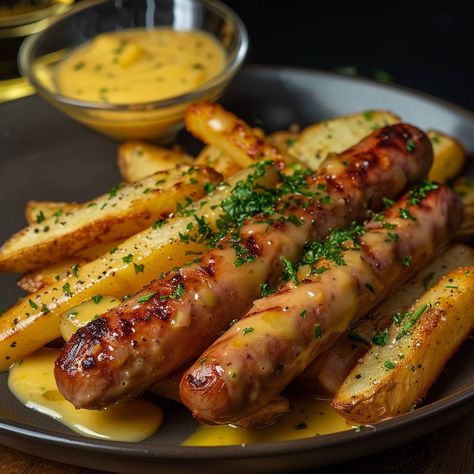 Sausage and Fries with Onion Sauce Ingredients: For the Sausages: 4 pork sausages 1 tablespoon olive oil Fresh parsley, chopped, for garnish For the Fries: 4 large potatoes, cut into wedges 2 tablespoons olive oil Salt and freshly ground black pepper, to taste For the Onion Sauce: 2 tablespoons butter 1 large onion, finely chopped 2 cloves garlic, minced 1 tablespoon all-purpose flour 1 cup chicken broth 1/2 cup heavy cream 1 tablespoon Dijon mustard Salt and freshly ground black pepper, t... Pork Sausages, Sausage Dishes, Onion Sauce, Food Rules, Nutritious Diet, Delicious Snacks Recipes, Fair Food Recipes, Bella Thorne, Beauty Standards