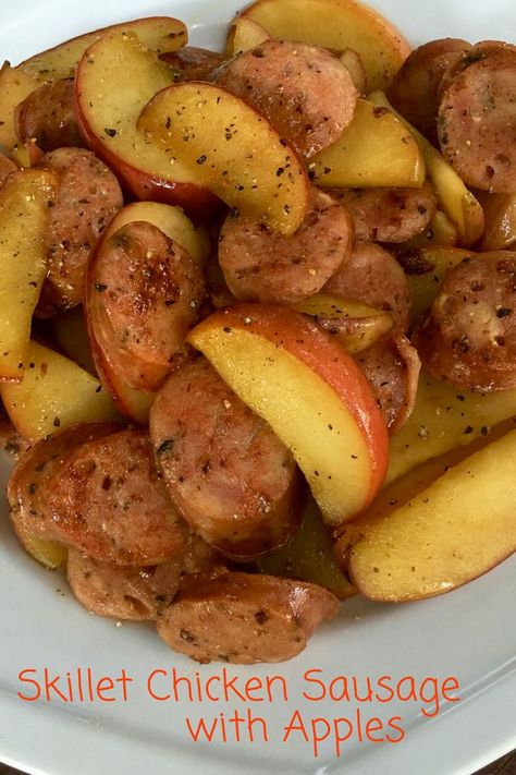 Skillet Chicken Sausage with Apples - this recipe is sure to be a family favorite. It's so simple to make and absolutely delicious - you'll crave it all the time.  #chickenrecipes #chickenrecipe #chickendinner #dinnerrecipes #easyrecipes #easydinnerrecipes #easyrecipe #easydinnerrecipe Chicken Sausage Recipes Healthy, Healthy Sausage Recipes, Chicken Sausage Recipes, Easy Skillet Chicken, Sausage Recipes For Dinner, Chicken Sausages, Sausage Dinner, Fall Apple Recipes, Chicken Apple