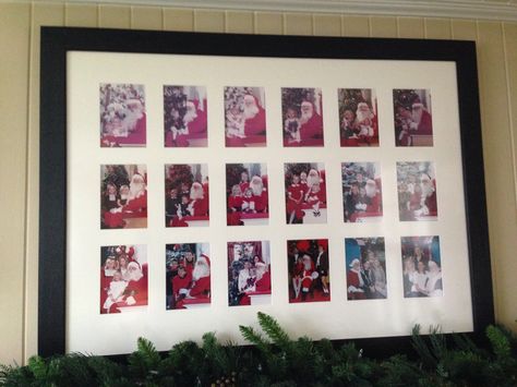 18 years of Santa Photos - great way to display! Santa Pictures Display Yearly, How To Display Santa Pictures, Santa Pics, Santa Claus Photos, Santa Photos, Santa Pictures, Christmas Organization, Xmas Decor, Holiday Entertaining