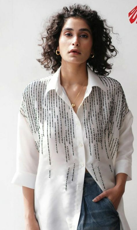 Ladies Blouses And Tops, Ladies Blouses, Fancy Shirt, Simple Hand Embroidery Patterns, Office Shirt, Blouses And Tops, Trendy Fashion Tops, Embroidery On Clothes, Hand Embroidery Design Patterns