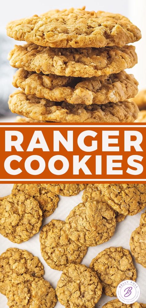 Ranger Cookies Recipe - Belly Full Texas Ranger Cookies Recipe, Ranger Cookies Amish Recipe, Coconut Ranger Cookies, Royal Caribbean Ranger Cookies Recipe, Amish Ranger Cookies, Texas Ranger Cookies, Ranch Cookies Recipe, Best Ranger Cookie Recipe, Ranger Cookies Recipe Rice Krispies