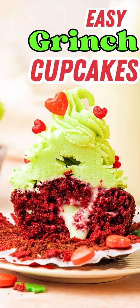 Add a touch of holiday mischief with these adorable Grinch cupcakes! Perfect for Christmas dessert ideas, these green cupcakes are festive and fun for kids and adults alike. Whether you're planning a Whoville party or just need an easy Christmas baking recipe, these Grinch-themed treats are sure to impress. Follow our step-by-step guide to whip up these holiday cupcakes that will steal the show this season! Honey Roast Gammon, Fourth Of July Dessert Recipes, Brunch Recipes Christmas, Grinch Christmas Treats, Grinch Cupcakes, Grinch Recipes, Grinch Food, Dessert Recipes Thanksgiving, Christmas Baking Recipes Easy