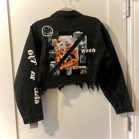 New With Tags - Never Worn Adel Kazka Graphic Jacket Ripped Hem Size S/M: Cropped Fit Jean Jacket Bleach Art, Diy Cropped Jacket, Thrift Flip Clothes Ideas, Jean Jacket Painted, Thrift Flip Clothes, Graphic Jacket, Techwear Cyberpunk, Grunge Jacket, Jean Jacket Patches