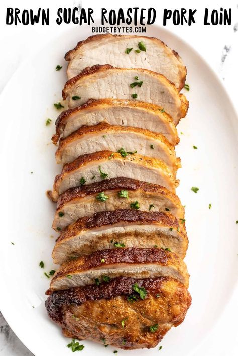 This super simple Brown Sugar Roasted Pork Loin is tender and juicy with a sweet and spicy brown sugar coating! BudgetBytes.com Brown Sugar Pork Loin, Brown Sugar Pork Tenderloin, Budget Friendly Dinner Recipes, Roasted Pork Loin, Pork Loin Roast Recipes, Brown Sugar Recipes, Roasted Pork Tenderloins, Budget Bytes, Pork Loin Recipes