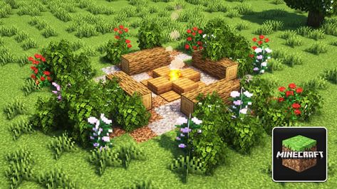 Minecraft Fire Pit Design, Minecraft Bonfire Pit, Campfire Minecraft Build, Aesthetic Minecraft Campsite, Minecraft Camping Spot, Minecraft Outdoor Fireplace, Bonfire Minecraft, Minecraft Campsite Ideas Aesthetic, Camp Minecraft Ideas