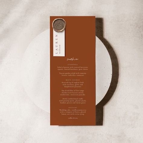 Boho Terracotta Elegant Minimalist Wedding Menu Shop Wedding Reception, Elegant Minimalist Wedding, Aurora Wedding, Wedding Cake Vanilla, Tuscan Garden, How To Roast Hazelnuts, Table Number Cards, Wedding Program, Wedding Desserts