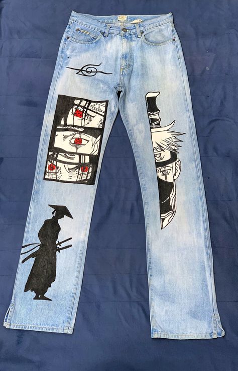 Anime Pants, Custom Jeans Diy, Reworked Clothes, Denim Diy Clothes, Custom Jean, Diy Pants, Anime Custom, Painted Clothes Diy, Denim Art