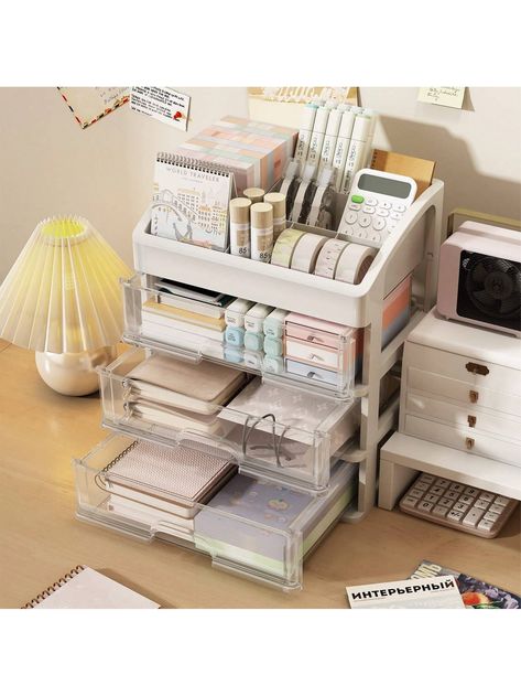 White  Collar  ABS   Embellished   Storage & Organization Cute Organizers For Desk, White Desk With Storage, Aesthetic Drawer, Study Desk Organization, Desktop Storage Drawers, Classroom Bathroom, Desk Organisation, Stationary Organization, Pencil Storage