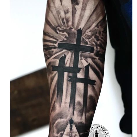 Cross Tattoos hero tattoo Holy Trinity 7 Coconut Tattoo, Jesus Tattoo Sleeve, Jesus Tattoo Design, Hero Tattoo, Cobra Tattoo, Christian Sleeve Tattoo, Cross Tattoo For Men, Men Tattoos Arm Sleeve, Tattoo Inspiration Men