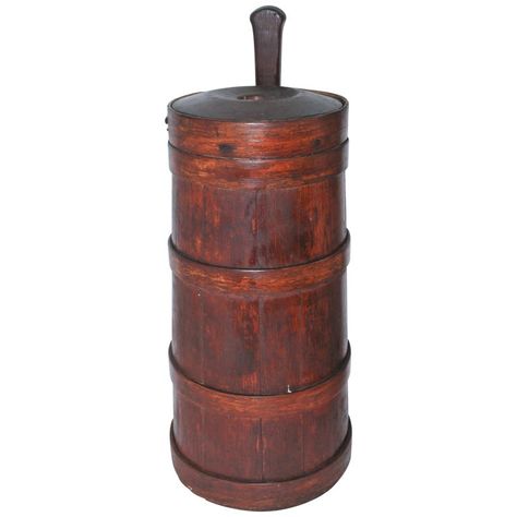 Colonial New England, Butter Churner, Wood Decor Diy, Antique Butter Churn, Colonial Dining Room, Butter Churns, Antique Crocks, Butter Churn, Wooden Rocking Horse