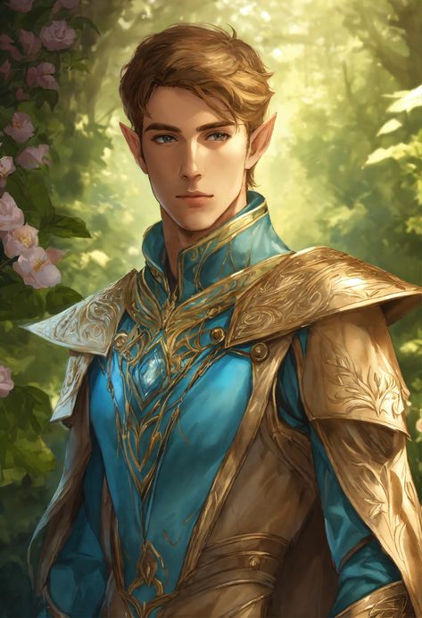 Fantasy Elf Male, Elf Royalty, High Elf Male, Sci Fi Outfit, Old Elf, Gold And Light Blue, Male Elf, Elf Ear, Character Face