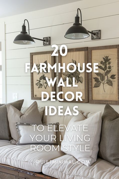 Elevate your living room style with farmhouse-inspired wall decor ideas above the couch. Explore rustic accents and timeless pieces to create a cozy and inviting atmosphere. #LivingRoomStyle #FarmhouseDecor #WallArt Over The Couch Wall Decor Ideas Farmhouse, Ideas For A Large Wall In Living Room, Simple Living Room Wall Decor Ideas, Rustic Wall Decor For Living Room, Wall Gallery Ideas Living Room, Farmhouse Gallery Wall Living Room, Living Room Wall Ideas Above Couch, Small Farmhouse Living Room Ideas, Decorating Large Living Room Wall