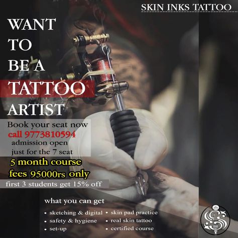 Excited to announce our upcoming Tattoo Course! 💯 Whether you're a beginner or looking to refine your skills, join us for an immersive journey into the art of tattooing. From technique to design, unlock your creative potential with expert guidance. Limited spots available, so secure yours now! 🎉 Skin inks tattoo - mumbai For more information DM or call On 9773810594 #TattooCourse #InkMasters #ArtistryUnleashed #skinks #tattoo #tattooartists #tattoostudio Tattoo On, Tattoo Studio, Ink Tattoo, Join Us, Tattoo Artists, Mumbai, Tattoos, Skin, Quick Saves