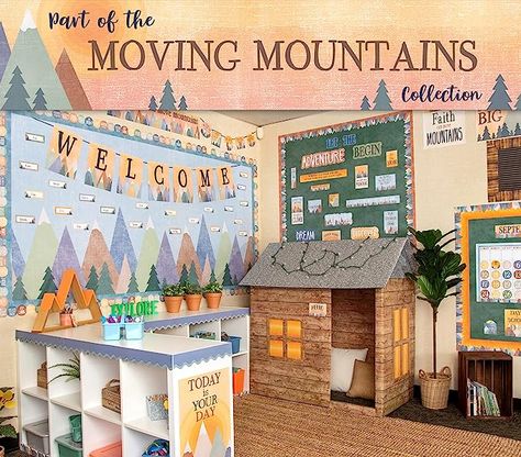 Remind students that learning is a journey filled with adventures along the way with this earthy-hued mini bulletin board! 19 total pieces. Adventure piece measures 19" x 5-1/4" 4 title pieces spelling out “Let the Adventure Begin” 15 decorative signs with positive sayings Mountain Bulletin Board Ideas, Moving Mountains Classroom Theme, Moving Mountains Classroom, Adventure Awaits Classroom Theme, Park Theme Classroom, Mountains Classroom Decor, Calming Classroom Themes, Mountain Themed Classroom, Mountain Classroom Decor