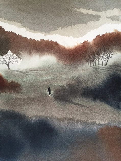 Foggy Day, Abstract Watercolor Landscape, Watercolour Landscape, Contemporary Watercolor, Watercolour Inspiration, Watercolor Painting Techniques, 수채화 그림, Watercolor Landscape Paintings, Watercolor Trees